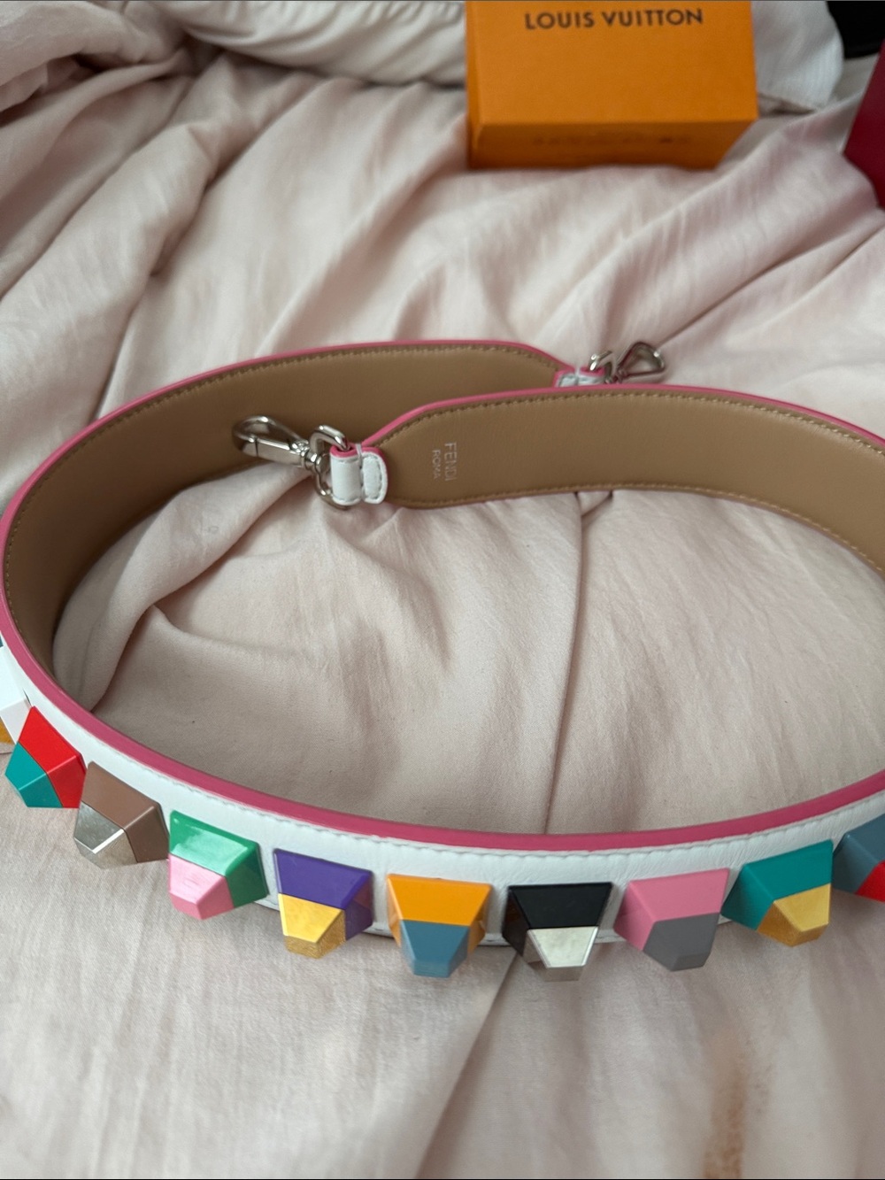 Fendi White Leather Strap with Pink Trim and Multicolor Studs